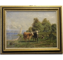 Tableau "Vaches au bord du lac" signé
