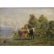 Tableau "Vaches au bord du lac" signé