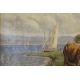 Tableau "Vaches au bord du lac" signé