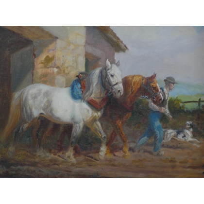 Paintings | Painting: ‘Farm with Horses’. Moinat SA  – Antiques and home décor