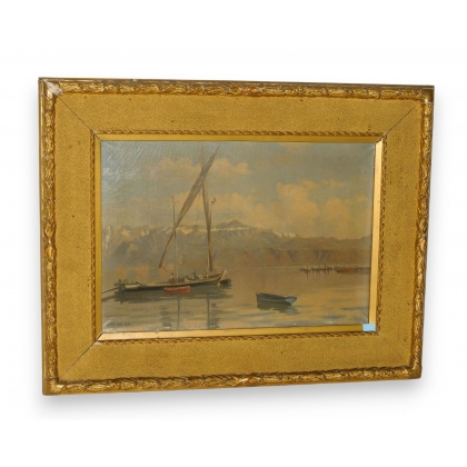 Tableau \"Barques sur le Léman\" signé L. MELLEY