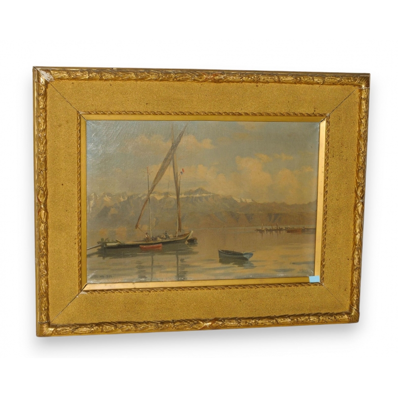 Tableau \"Barques sur le Léman\" signé L. MELLEY