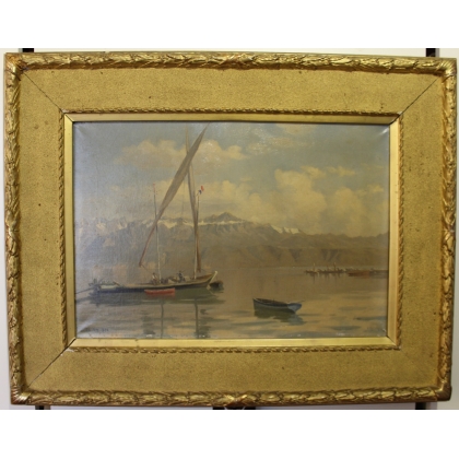 Tableau \"Barques sur le Léman\" signé L. MELLEY