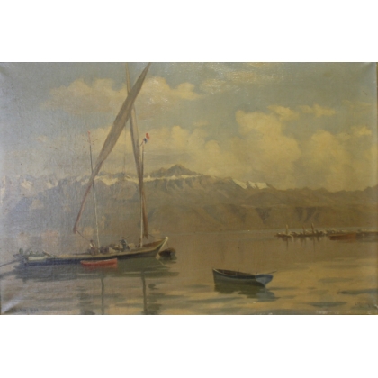 Tableau \"Barques sur le Léman\" signé L. MELLEY