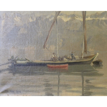 Tableau \"Barques sur le Léman\" signé L. MELLEY