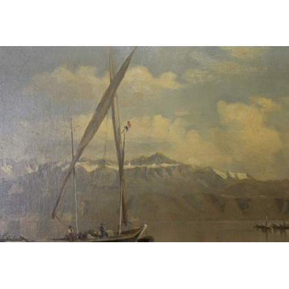 Tableau \"Barques sur le Léman\" signé L. MELLEY