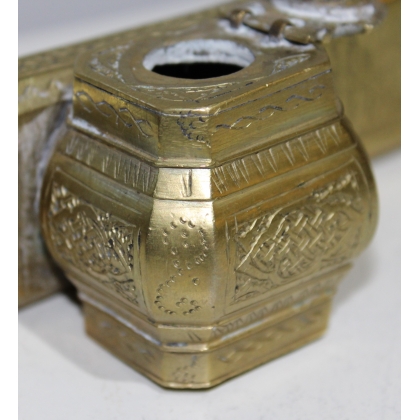 Engraved brass penholder and inkwell