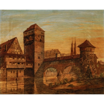 Tableau "Vue d'Alsace" en marqueterie et peinture