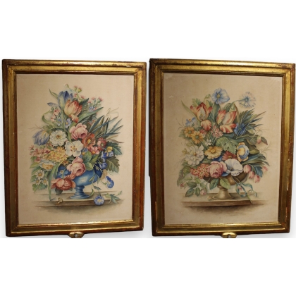 Paire d'aquarelles "Bouquets de fleurs"