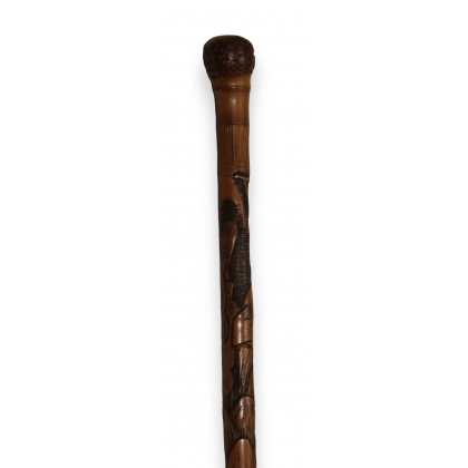 Carved bamboo walking stick, root-wood knob