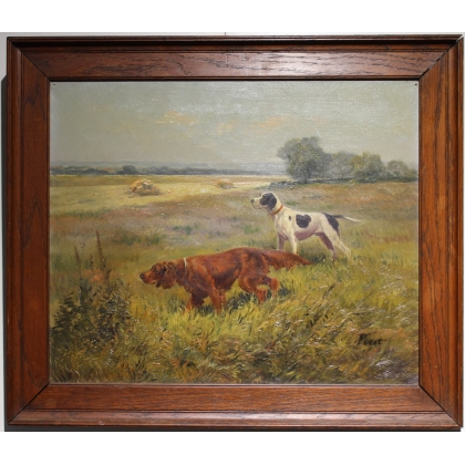 Tableau \"Chiens de chasse\" signé C. PEROT