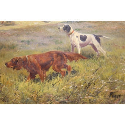 Tableau \"Chiens de chasse\" signé C. PEROT