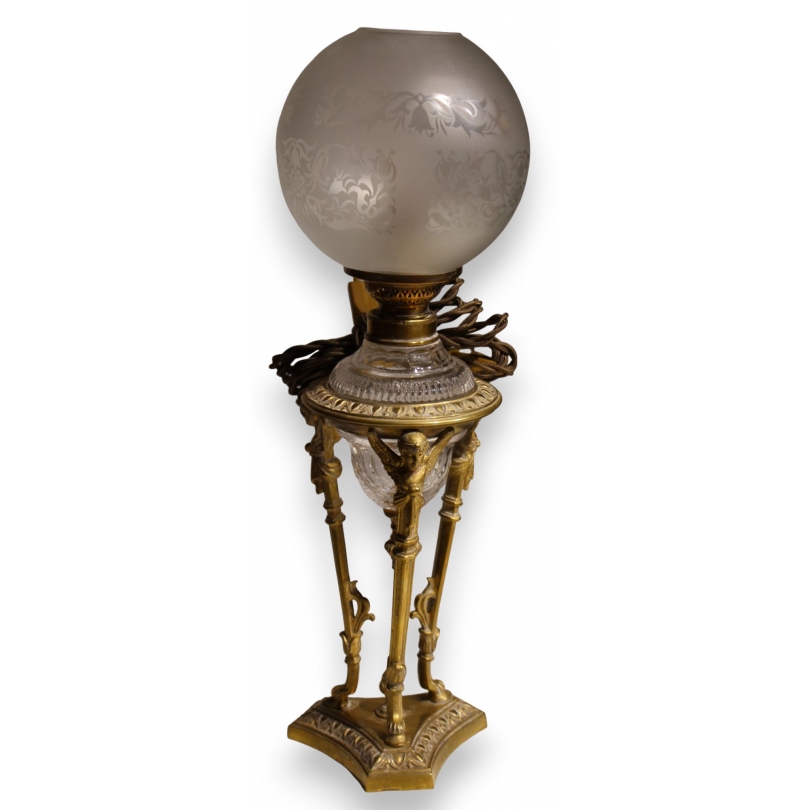Lampe Napoléon III en bronze avec coupe en cristal