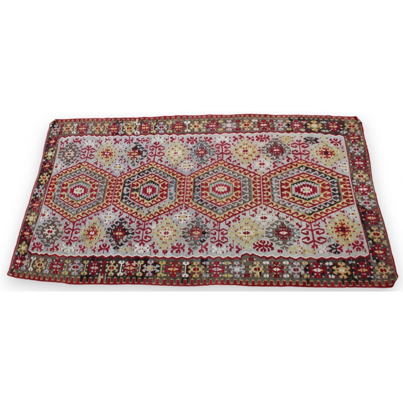 Tapis Kilim décor hexagones rouge et jaune