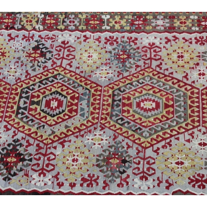 Tapis Kilim décor hexagones rouge et jaune