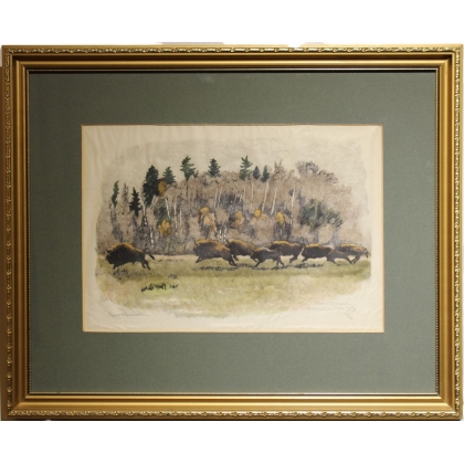Gravure "Troupeau de bisons" signée HAINARD