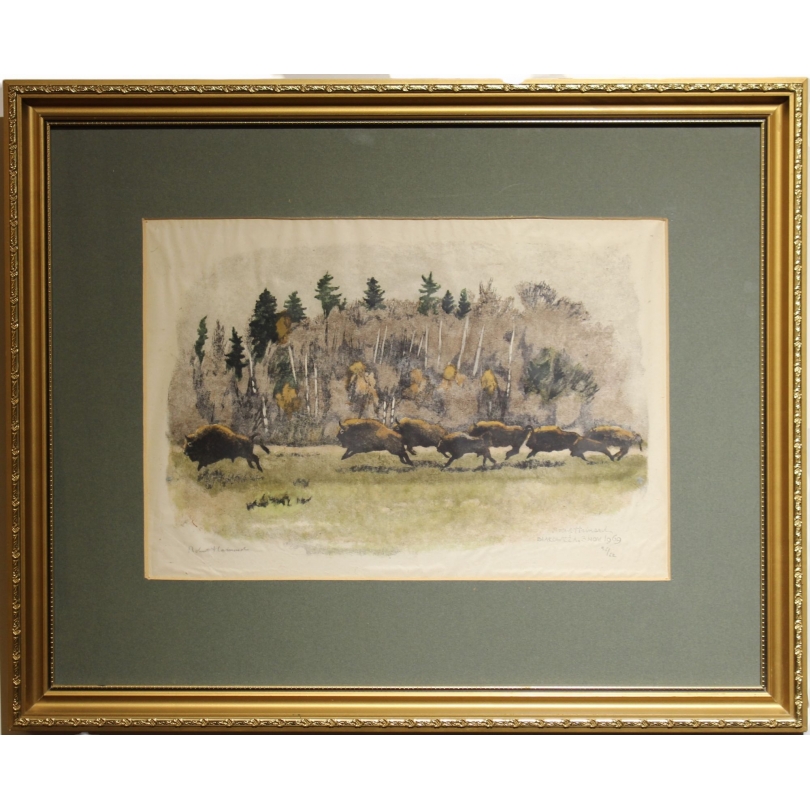 Gravure "Troupeau de bisons" signée HAINARD