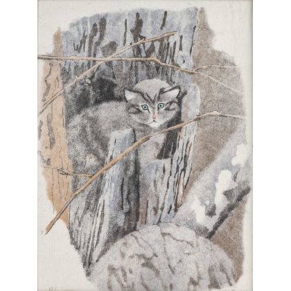 Lithographie "Chat sauvage" signée C. STERN 91