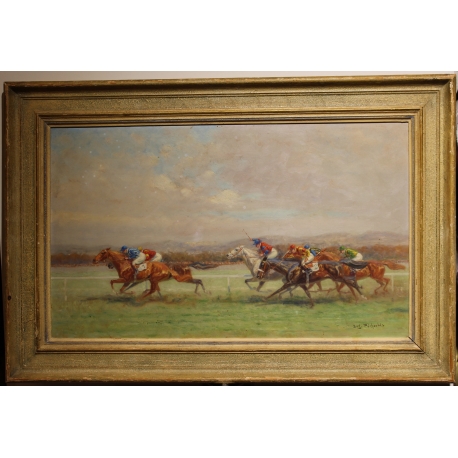 Tableau \"Course de chevaux\" signé Eug. PÉCHAUBÈS