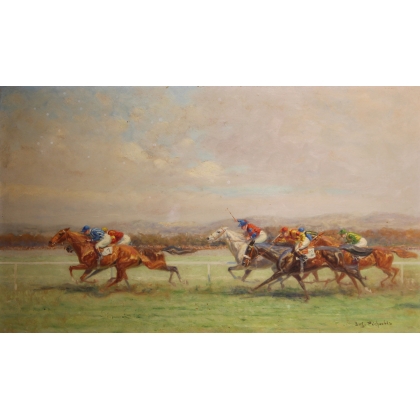 Tableau \"Course de chevaux\" signé Eug. PÉCHAUBÈS