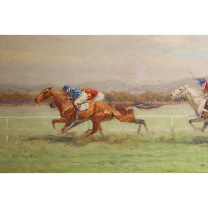 Tableau \"Course de chevaux\" signé Eug. PÉCHAUBÈS