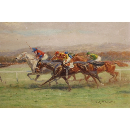 Tableau \"Course de chevaux\" signé Eug. PÉCHAUBÈS