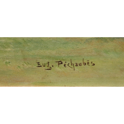 Tableau \"Course de chevaux\" signé Eug. PÉCHAUBÈS