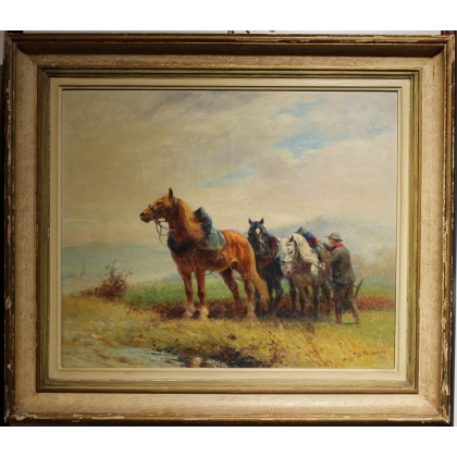 Tableau \"Chevaux de trait\" signé Eug. PÉCHAUBÈS