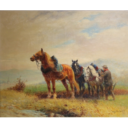Tableau \"Chevaux de trait\" signé Eug. PÉCHAUBÈS