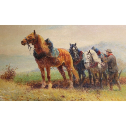Tableau \"Chevaux de trait\" signé Eug. PÉCHAUBÈS