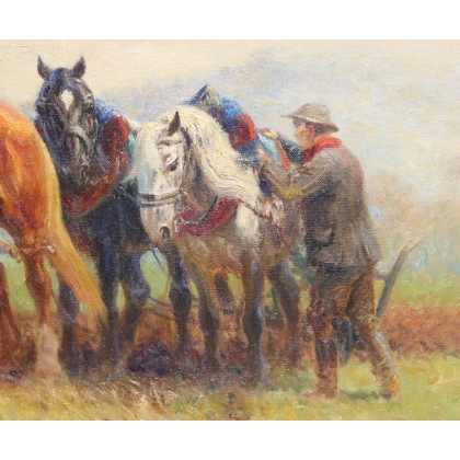 Tableau \"Chevaux de trait\" signé Eug. PÉCHAUBÈS