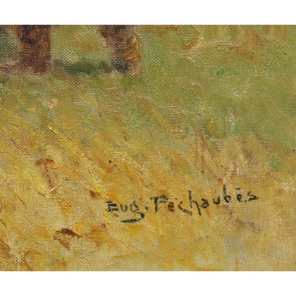 Tableau \"Chevaux de trait\" signé Eug. PÉCHAUBÈS