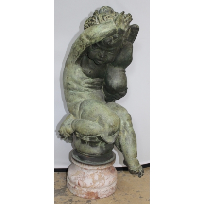 Pair of bronze putti on marble plinths