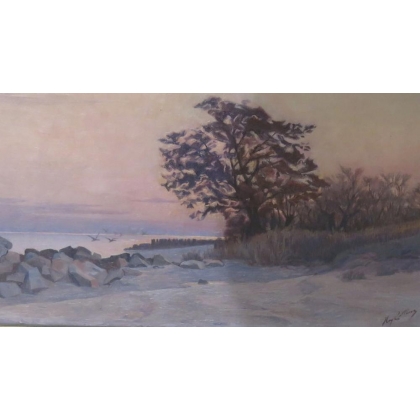 Tableau \"Léman au crépuscule\" signé Henry COLLINS