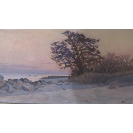 Tableau \"Léman au crépuscule\" signé Henry COLLINS