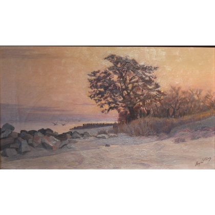 Tableau \"Léman au crépuscule\" signé Henry COLLINS