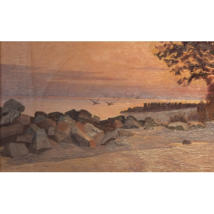 Tableau \"Léman au crépuscule\" signé Henry COLLINS