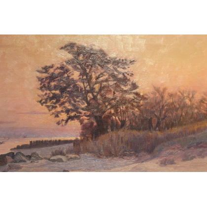 Tableau \"Léman au crépuscule\" signé Henry COLLINS