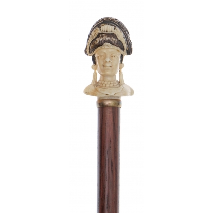 Walking stick with a carved ivory pommel featuring a woman’s bust