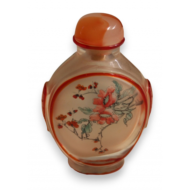 Tabatière chinoise en verre "Fleurs rouge"