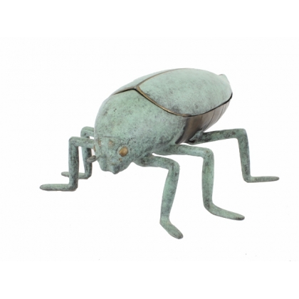 Bronze beetle with a green patina, shaped like a box