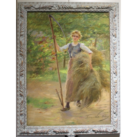 Pastel painting ‘Young Girl with a Scythe’ signed VALLET-BISSON