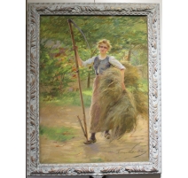 Pastel "Jeune fille à la faux" signé VALLET-BISSON