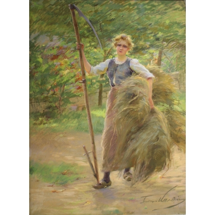 Pastel painting ‘Young Girl with a Scythe’ signed VALLET-BISSON