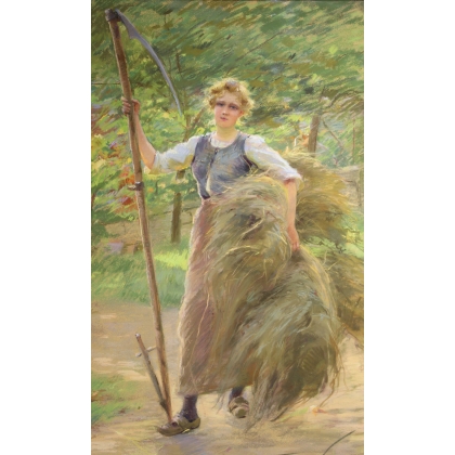 Pastel painting ‘Young Girl with a Scythe’ signed VALLET-BISSON