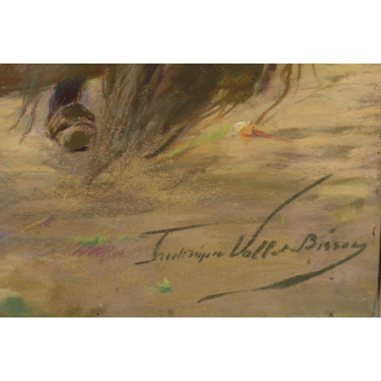 Pastel painting ‘Young Girl with a Scythe’ signed VALLET-BISSON