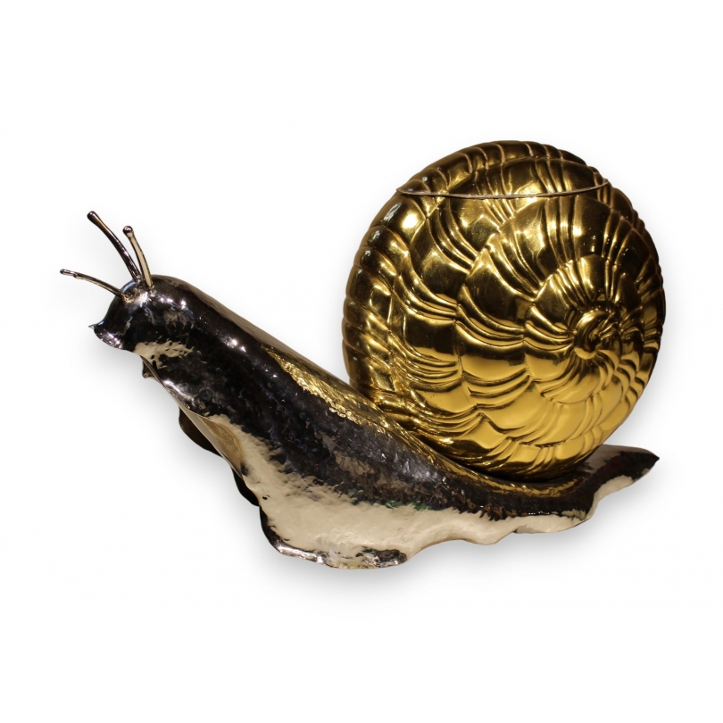 A snail made of chrome-plated and polished brass, shaped like a box