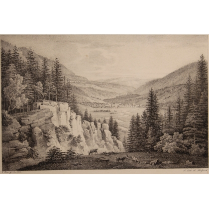 Gravure "Vue de Val-Orbe" par BOURGEOIS