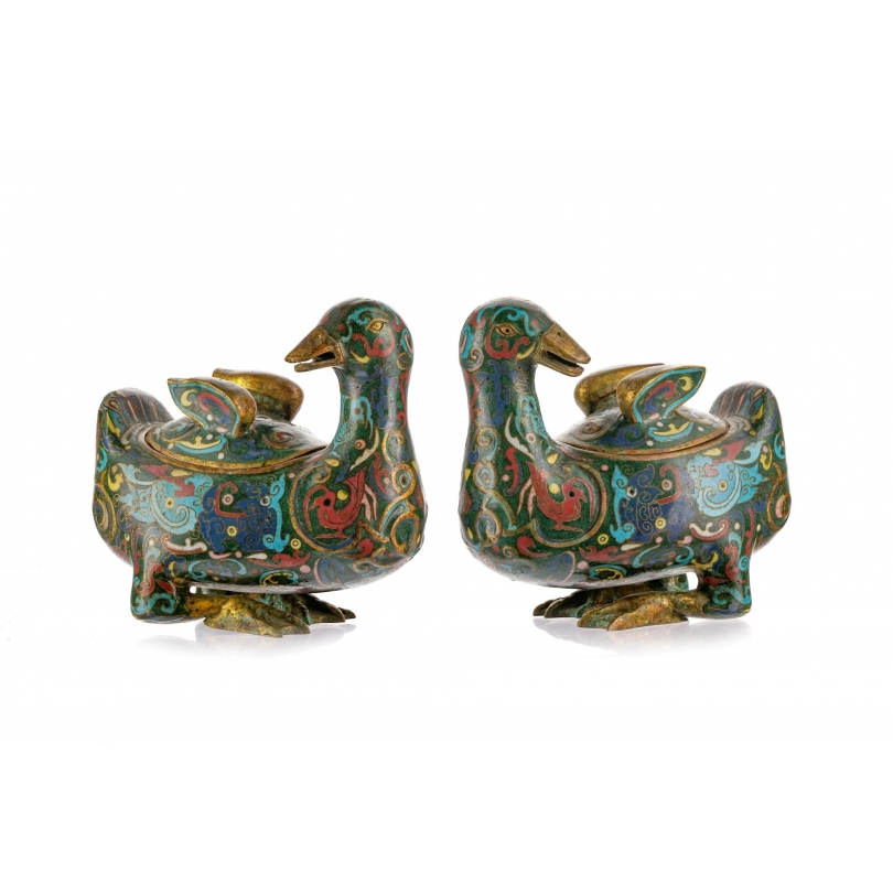 Paire de boites cloisonnées Canards