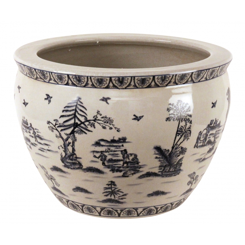 Cache pot rond en porcelaine poissons Moyen